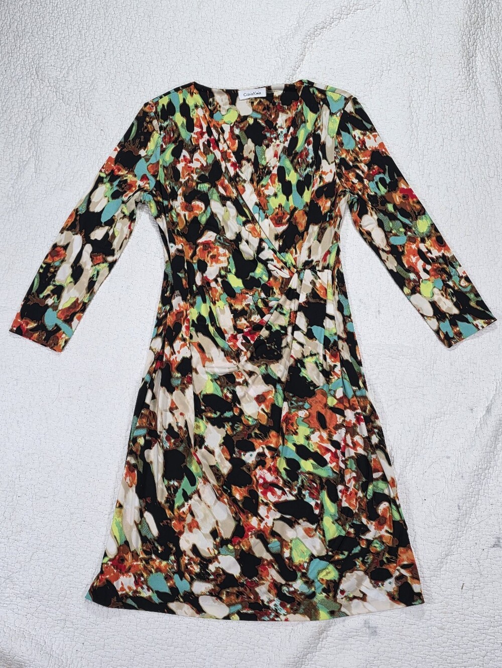 Calvin Klein Colorful Abstract Watercolor Jersey Stretch Faux Wrap Dress